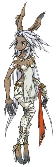 A brown-skinned woman with white hair. She has large rabbit-like ears on the top of her head. Her fingers are long black talons, and her feet are elongated and bestial; she has a stiletto-esque heel strapped to her feet to accomodate her odd foot shape.