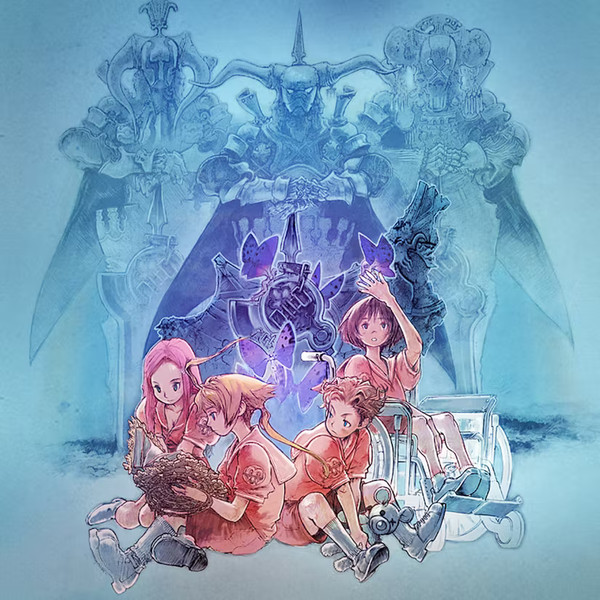 A group of children crowd around a large, magical tome. They're surrounded by blue butterflies, and are loomed over by imposing figures wearing ornate armor.